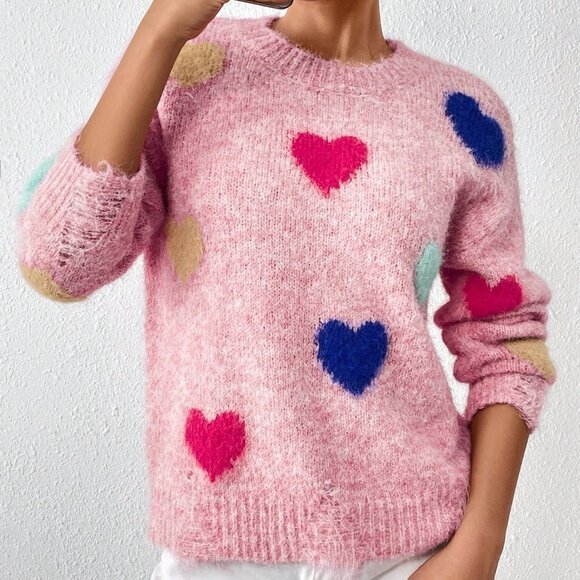 Pink Casual Womens Heart Pattern Drop Shoulder Sweater - Picture 3 of 5
